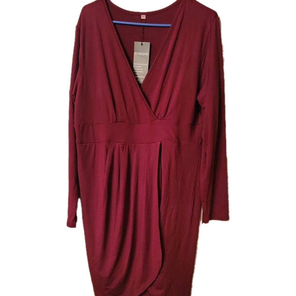 Poseshe Dress Women's Size 2xl xxl burgundy Long Sleeve Line V Neck‎